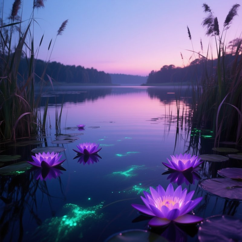 A Serene Twilight View Of A Glassy Lake Surrounded By Reeds, Purple‑Hued Water Lilies Glowing