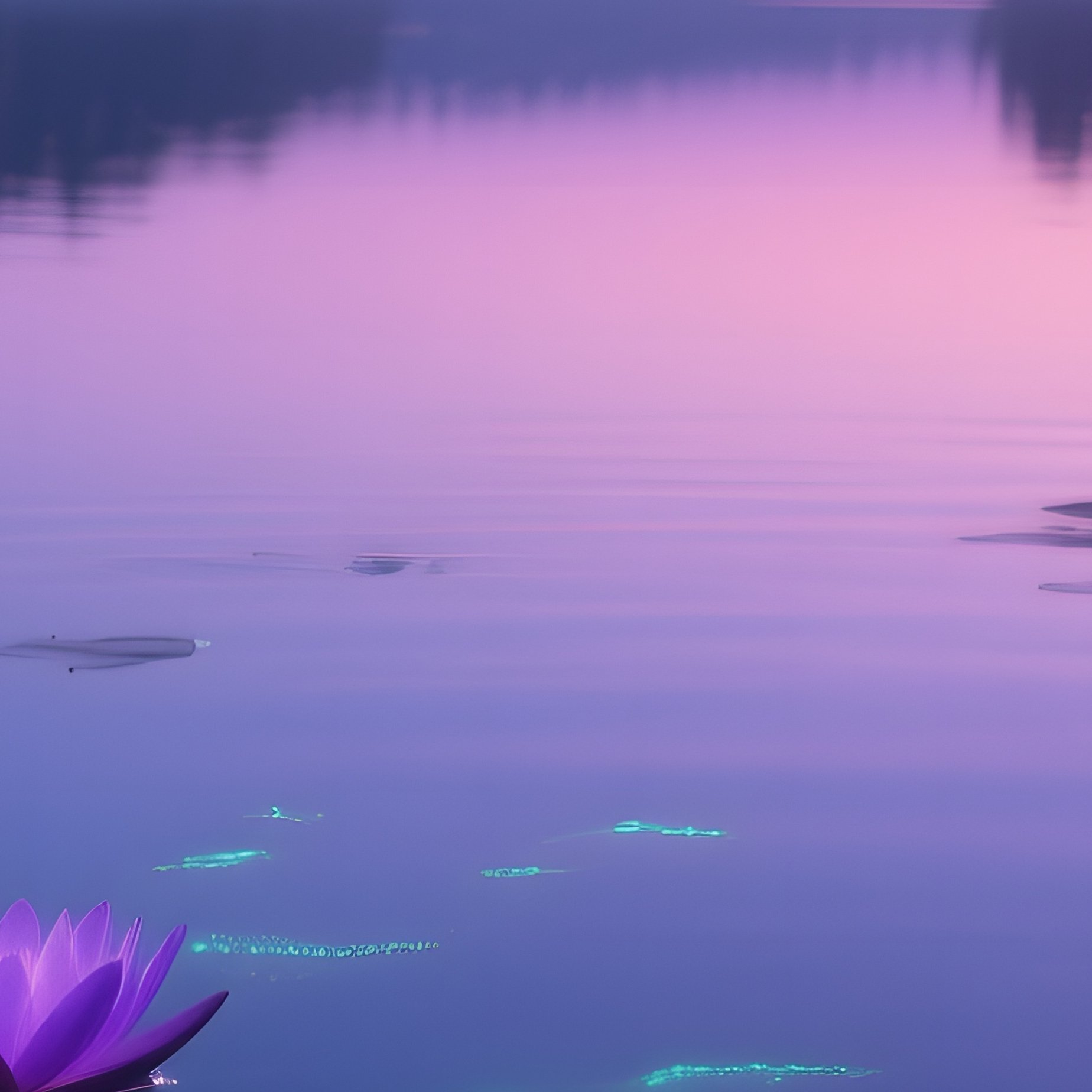 A Serene Twilight View Of A Glassy Lake Surrounded By Reeds, Purple‑Hued Water Lilies Glowing - Full Resolution Quality Preview
