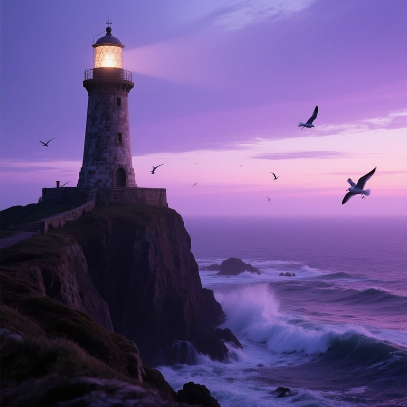 A Serene Twilight View Of An Ancient Lighthouse Perched On A Cliff Overlooking The Sea, Its Stone