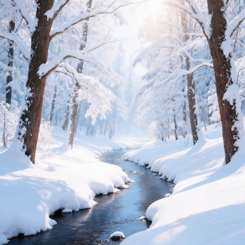A Serene Winter Forest Scene With A Stream Winter Forest