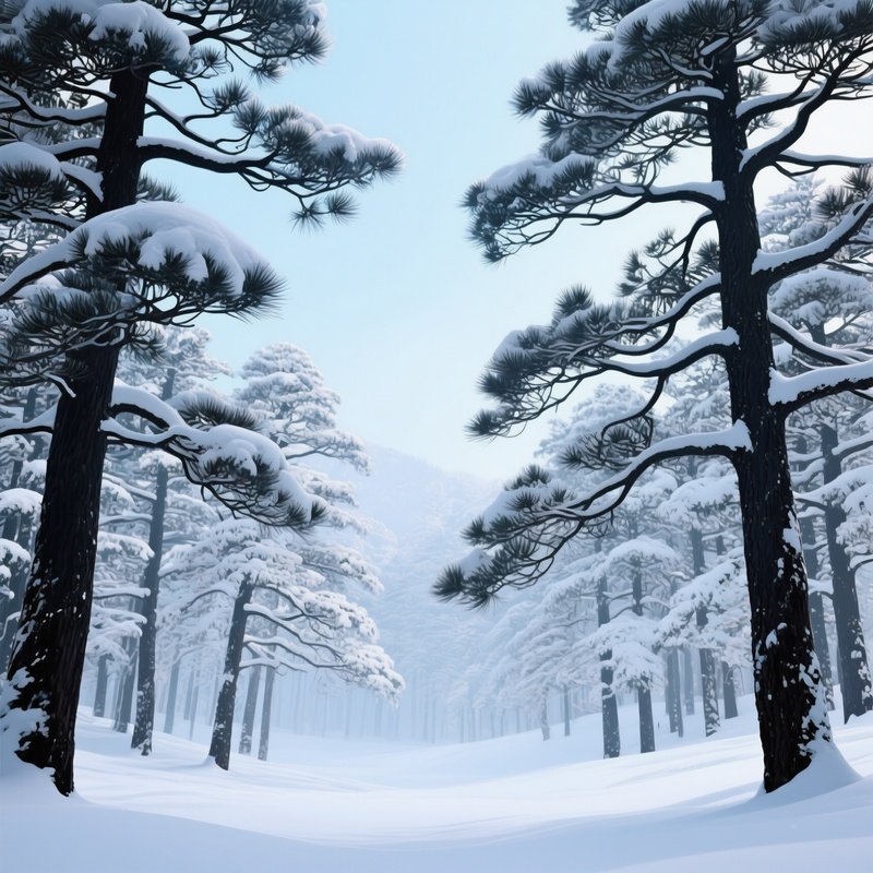 A Serene Winter Landscape Of A Japanese Pine Forest, Snow Laden Branches Creating Intricate