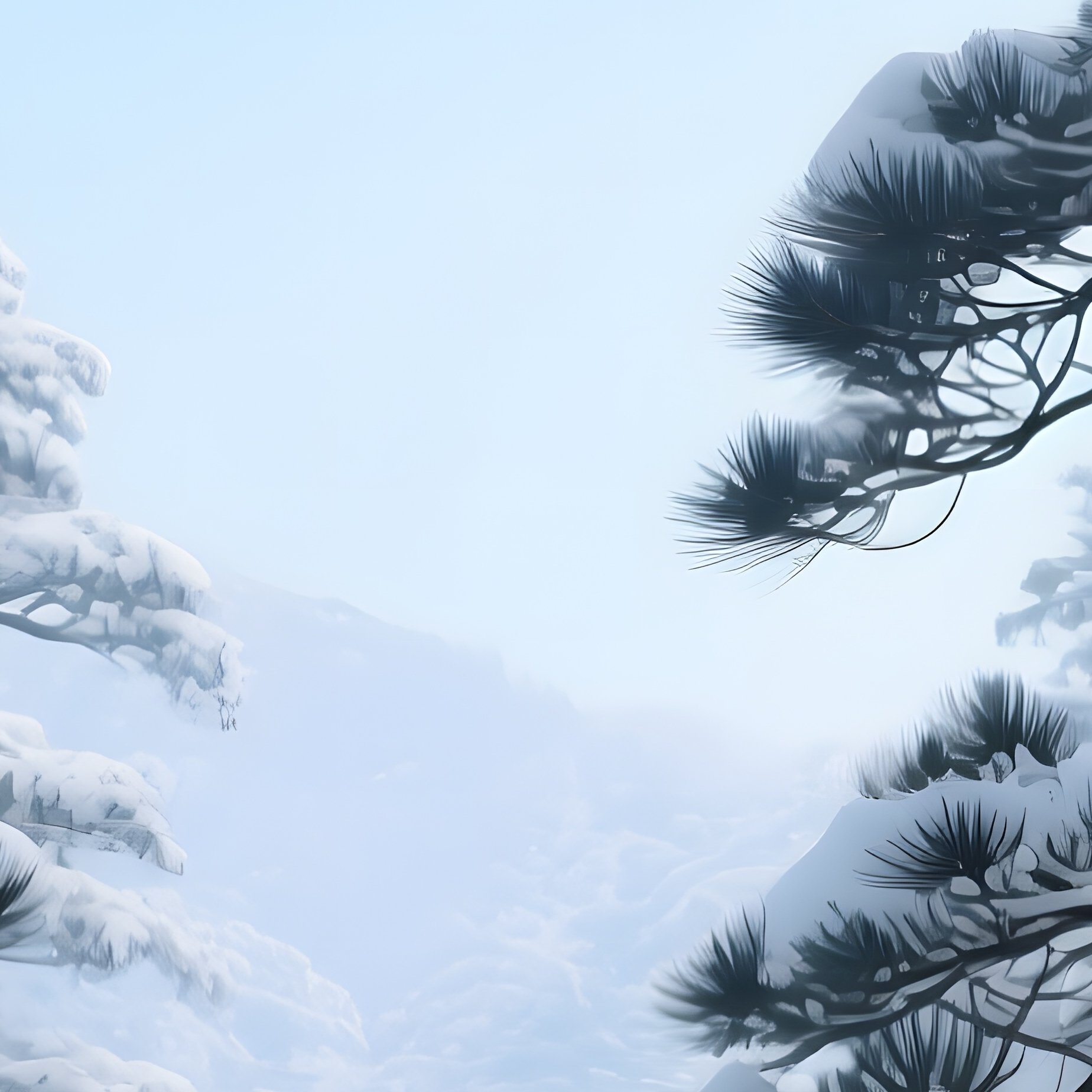 A Serene Winter Landscape Of A Japanese Pine Forest, Snow Laden Branches Creating Intricate - Full Resolution Quality Preview