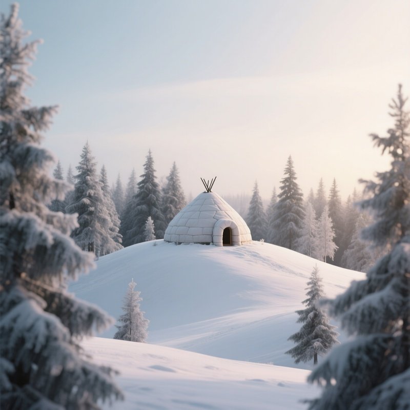 A Serene Winter Landscape With A Single Igloo Perched Atop A Gentle Hill, Surrounded By A Ring Of