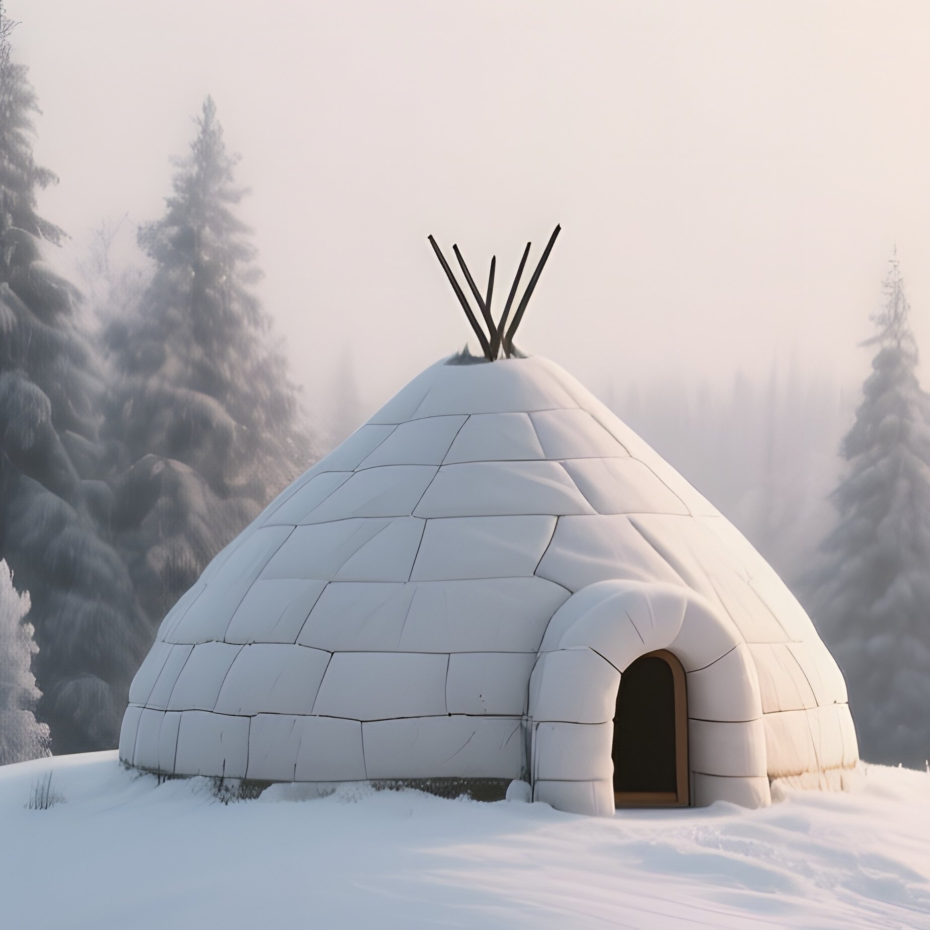 A Serene Winter Landscape With A Single Igloo Perched Atop A Gentle Hill, Surrounded By A Ring Of - Full Resolution Quality Preview