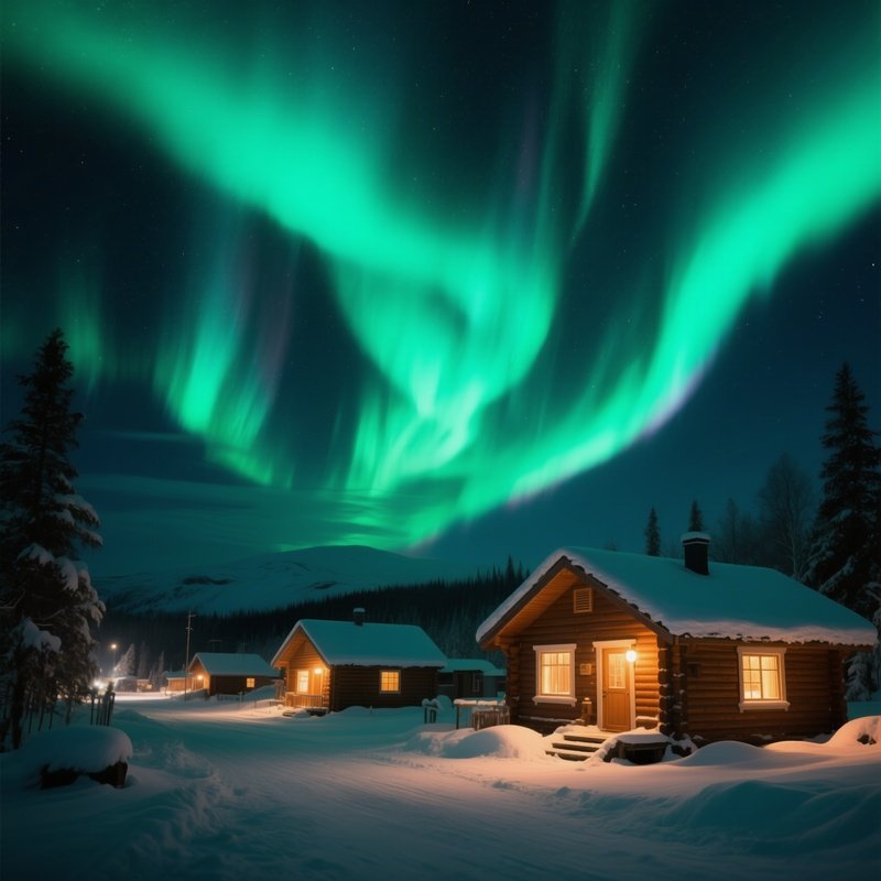 A Serene Winter Night In A Small Alaskan Village, Aurora Borealis Dancing Green Across Sky,