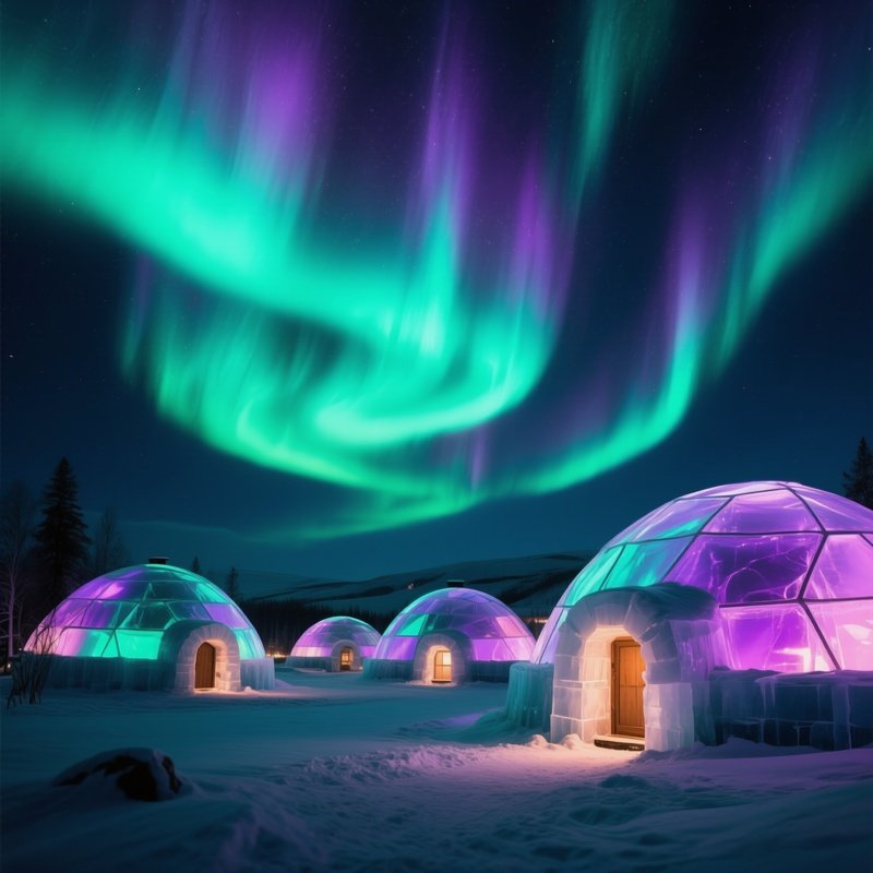 A Serene Winter Night Scene Where The Northern Lights Ripple In Green And Violet Above An Igloo