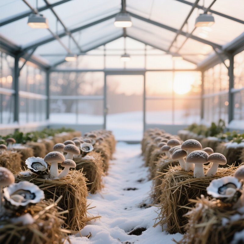 A Serene Winter Scene Inside A Glass Greenhouse, Rows Of Cultivated Oyster Mushrooms Growing On