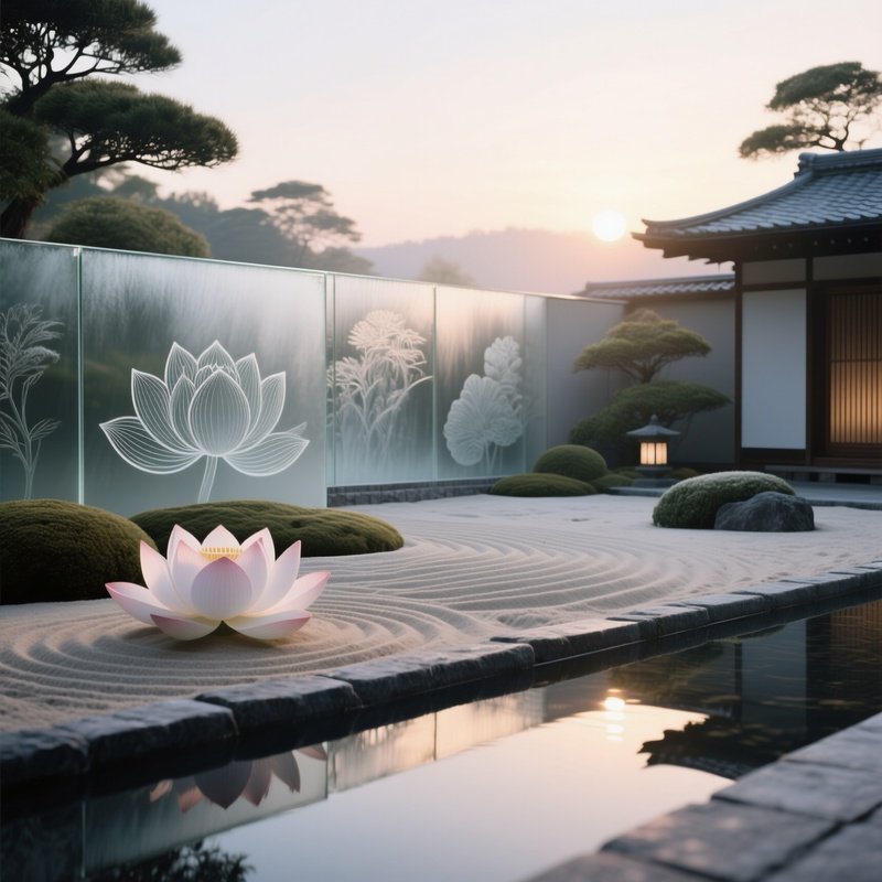 A Serene Zen Garden At Dawn, A Sand Garden Bordered By Low Walls Of Frosted Glass Etched With Lotus