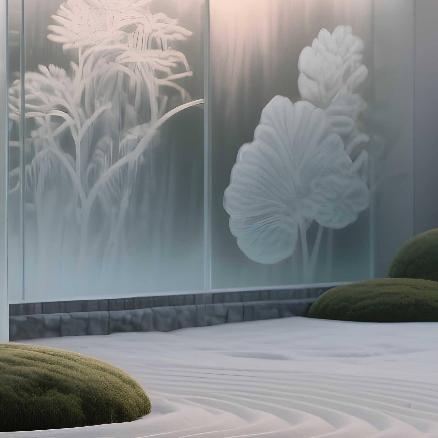 A Serene Zen Garden At Dawn, A Sand Garden Bordered By Low Walls Of Frosted Glass Etched With Lotus - Full Resolution Quality Preview