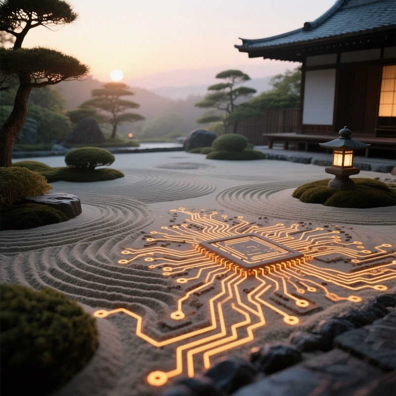 A Serene Zen Garden At Dawn, Raked Sand Forming Intricate Patterns Resembling Circuit Boards