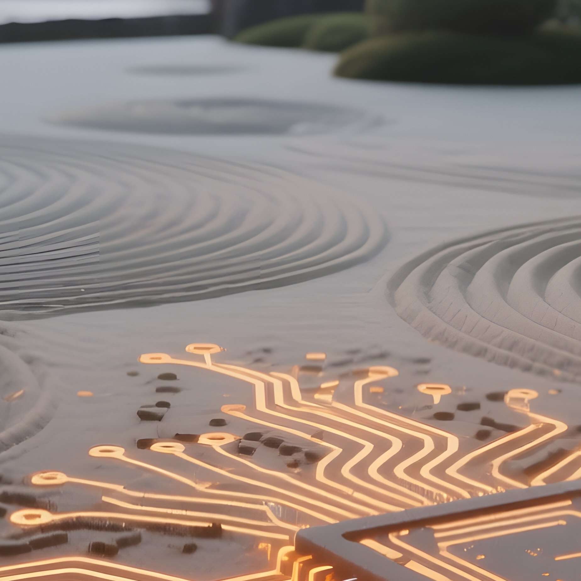 A Serene Zen Garden At Dawn, Raked Sand Forming Intricate Patterns Resembling Circuit Boards - Full Resolution Quality Preview