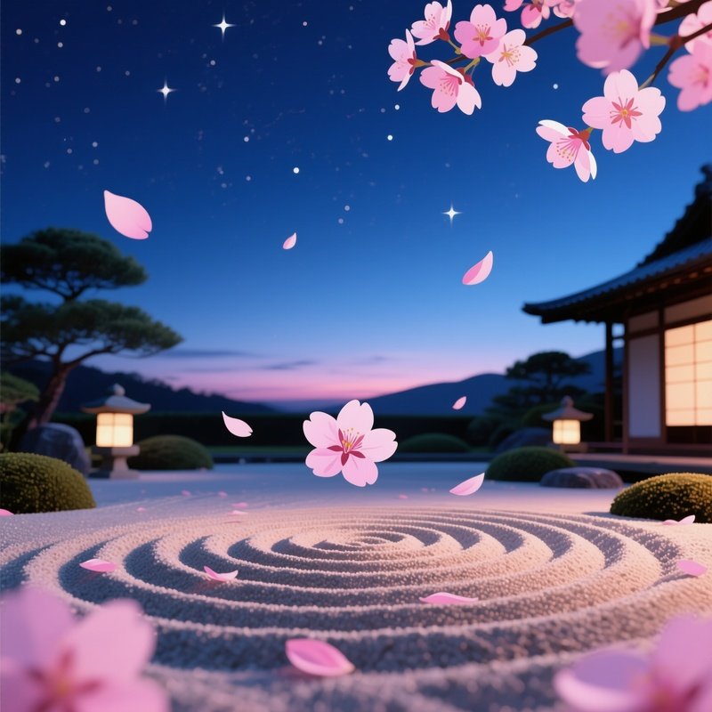 A Serene Zen Garden At Dusk Where Minimalist Pop‑Art Cherry Blossoms Float Above A Raked Sand