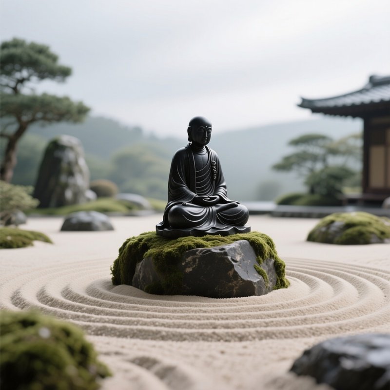 A Serene Zen Garden With A Smooth Black Basalt Monk Statue Perched Atop A Mossy Rock, Surrounded By