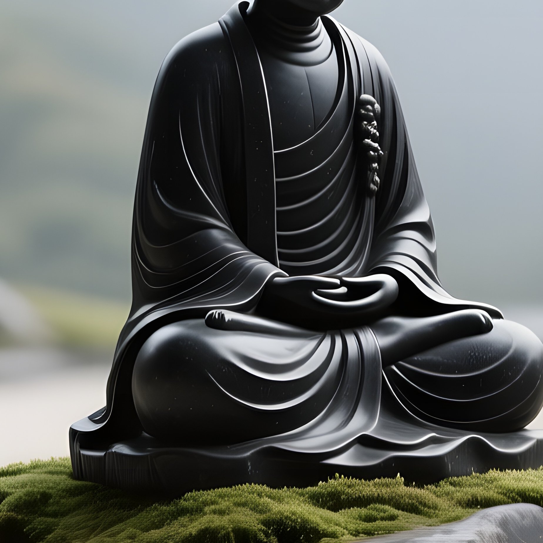 A Serene Zen Garden With A Smooth Black Basalt Monk Statue Perched Atop A Mossy Rock, Surrounded By - Full Resolution Quality Preview