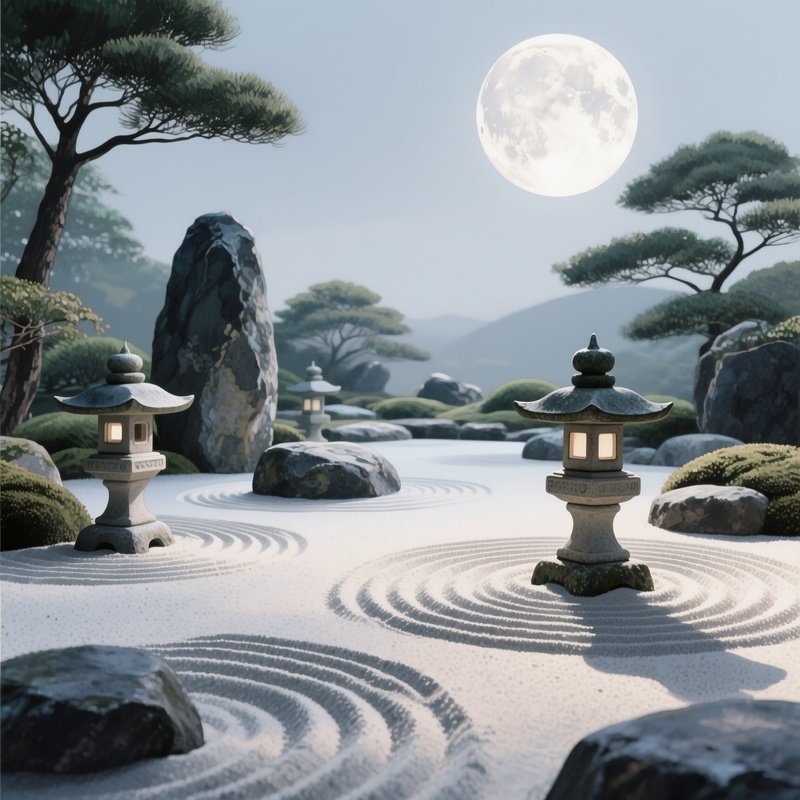 A Serene Zen Rock Garden Under A Full Moon, Smooth Raked Sand Patterns, Watercolor Silvery Light