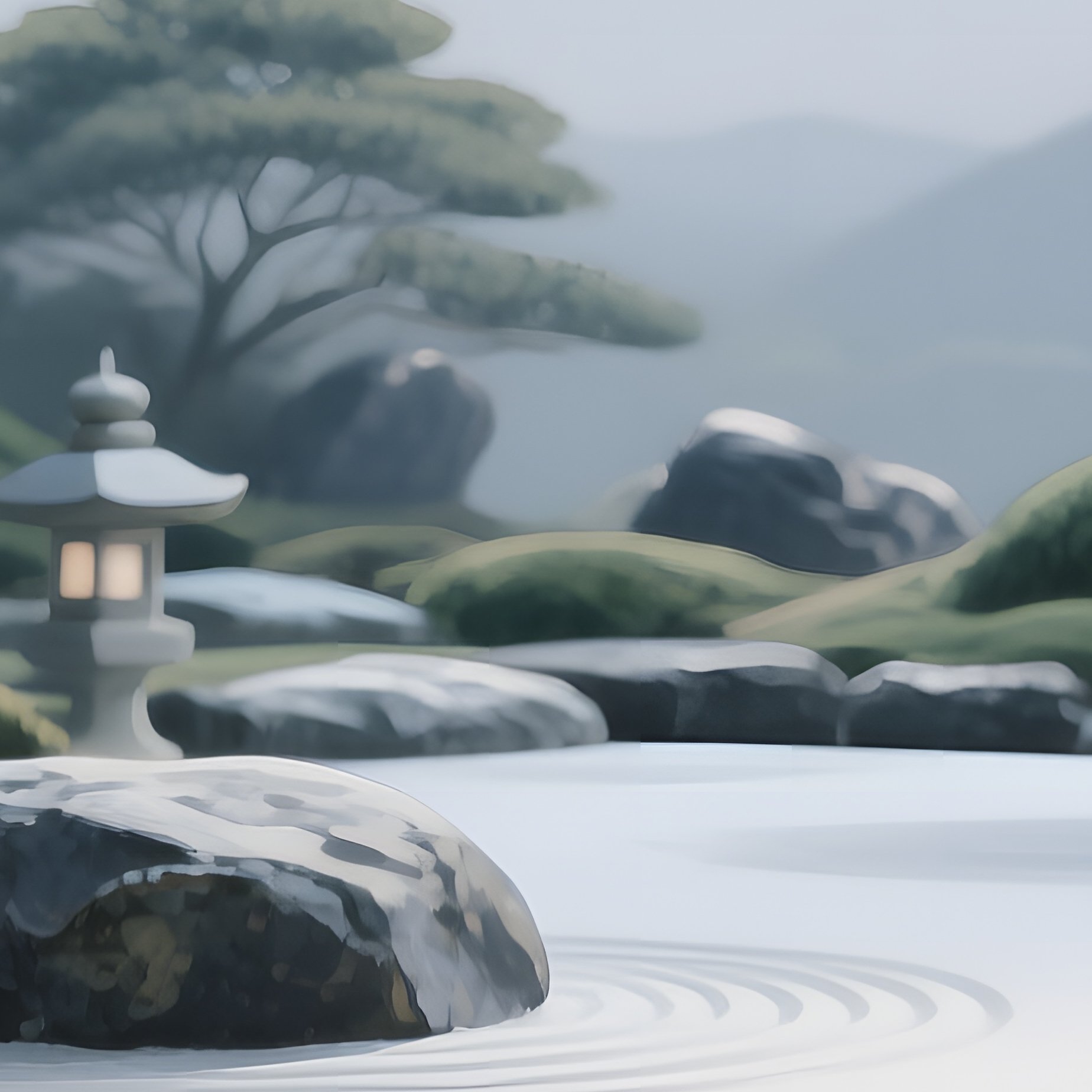 A Serene Zen Rock Garden Under A Full Moon, Smooth Raked Sand Patterns, Watercolor Silvery Light - Full Resolution Quality Preview