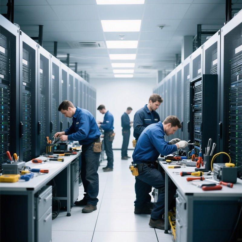 A Server Room With Maintenance Technicians
