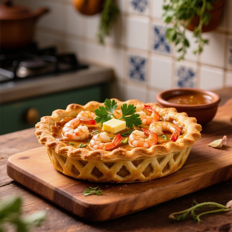 A Serving Of Apa De Camarao Prawn Pie With Patterned Crust