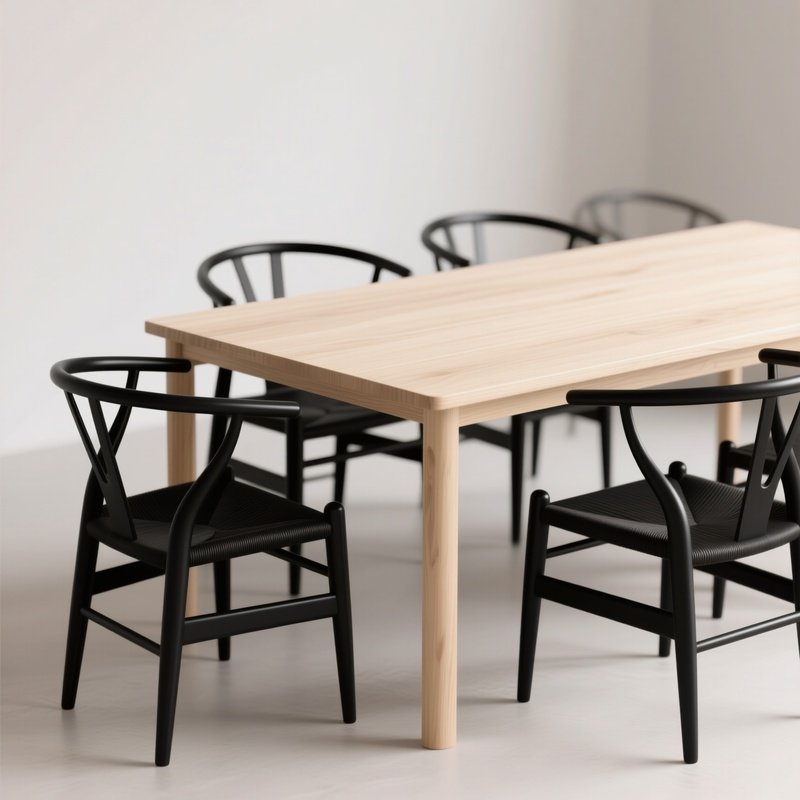 A Set Of Matte Black Wishbone Chairs Arranged Around A Light Blonde Wood Table, Emphasizing Clean Lines, Superior Craftsmanship, And A Minimalist Aesthetic.