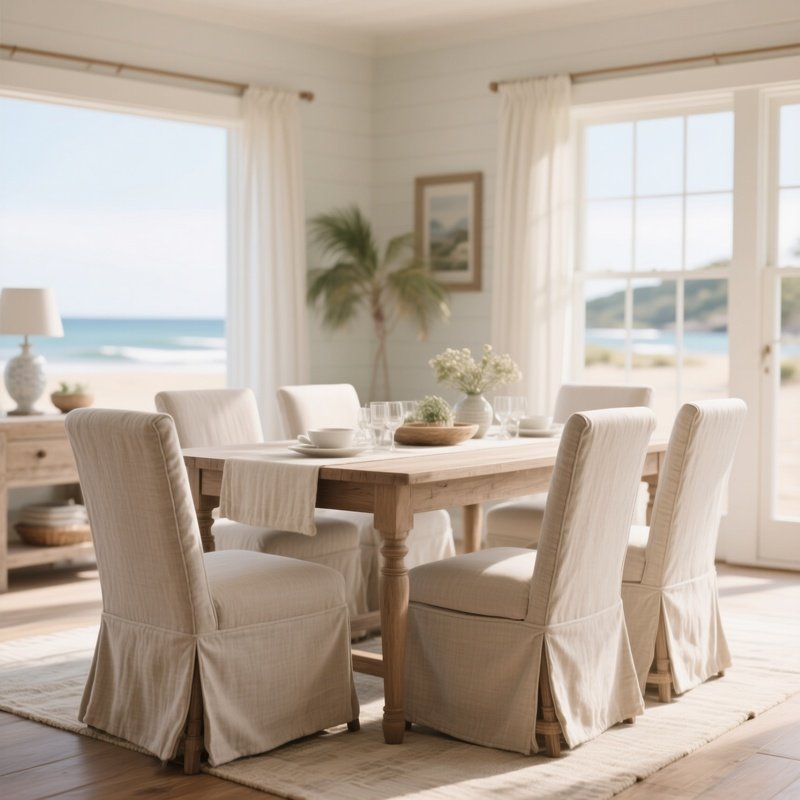 A Set Of Slipcovered Parsons Chairs In Neutral Linen Fabric, Evoking A Casual Yet Elegant Beach House Style In A Light Filled Dining Room.