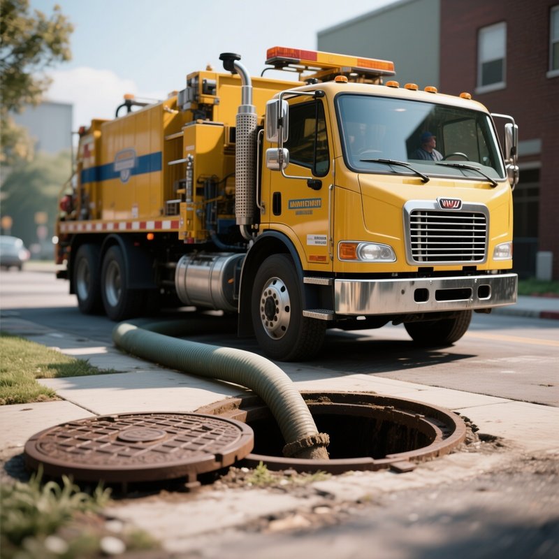 A Sewer Maintenance Truck Stationed Beside A Manhole Cover