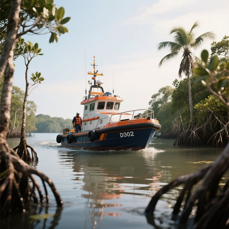 A Shallow Draft Rescue Boat Operating Near Mangroves