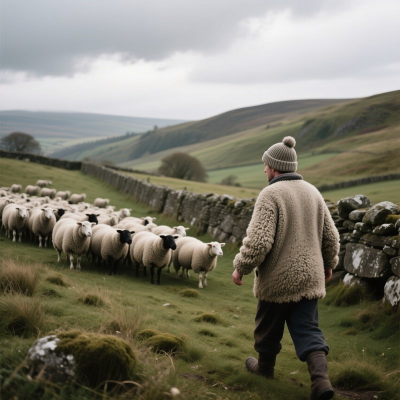 A Shepherd In A Woolen Beanie Guides His Flock Across Rolling Hills Under A Cloudy Sky, Ancient