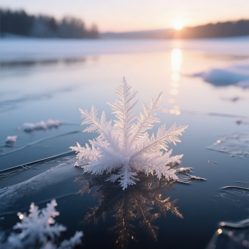 A Shimmering Frost Flower Forming On Thin Lake Ice At Sunrise.