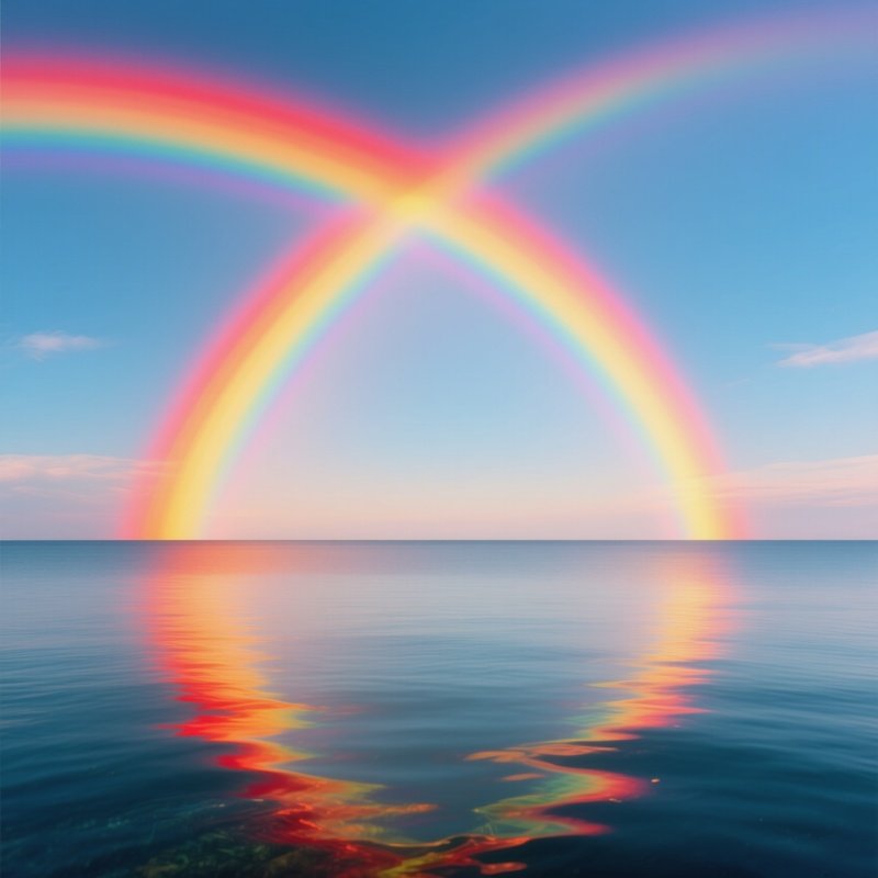 A Shimmering Rainbow Touching The Horizon Of A Calm Sea