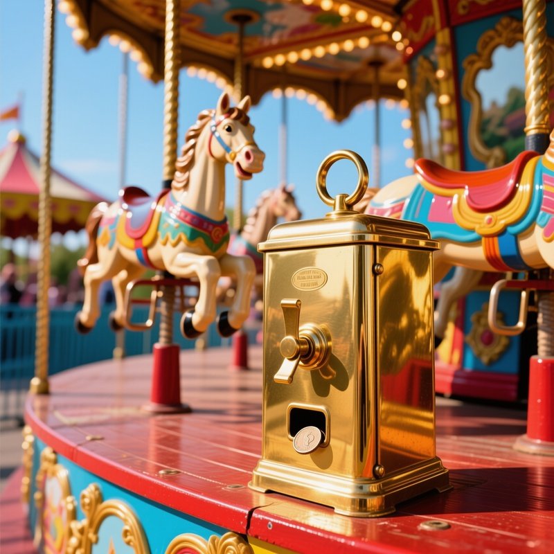 A Shiny Brass Ring Dispenser Next To A Carousel