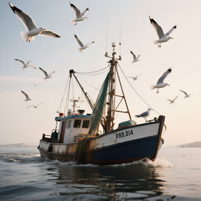 A Shrimping Boat Returning With Seagulls Flying Overhead
