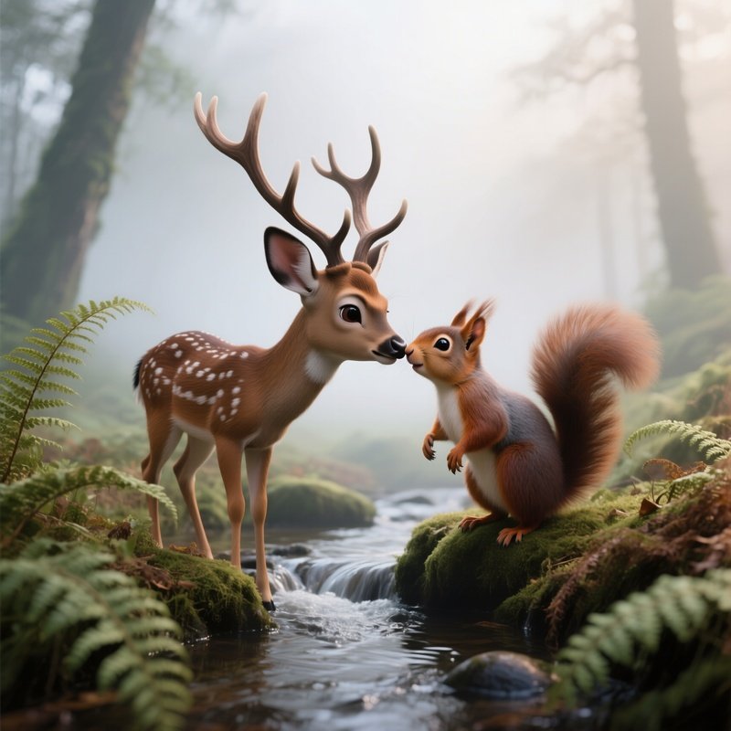 A Shy Deer And A Playful Squirrel Share A Quick Kiss Near A Babbling Brook Surrounded By Ferns And
