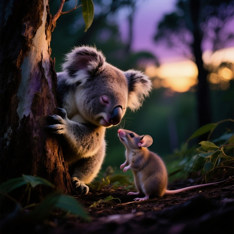A Shy Koala Clings To Eucalyptus While A Small Marsupial Mouse Leans In For A Soft Kiss In The Cool