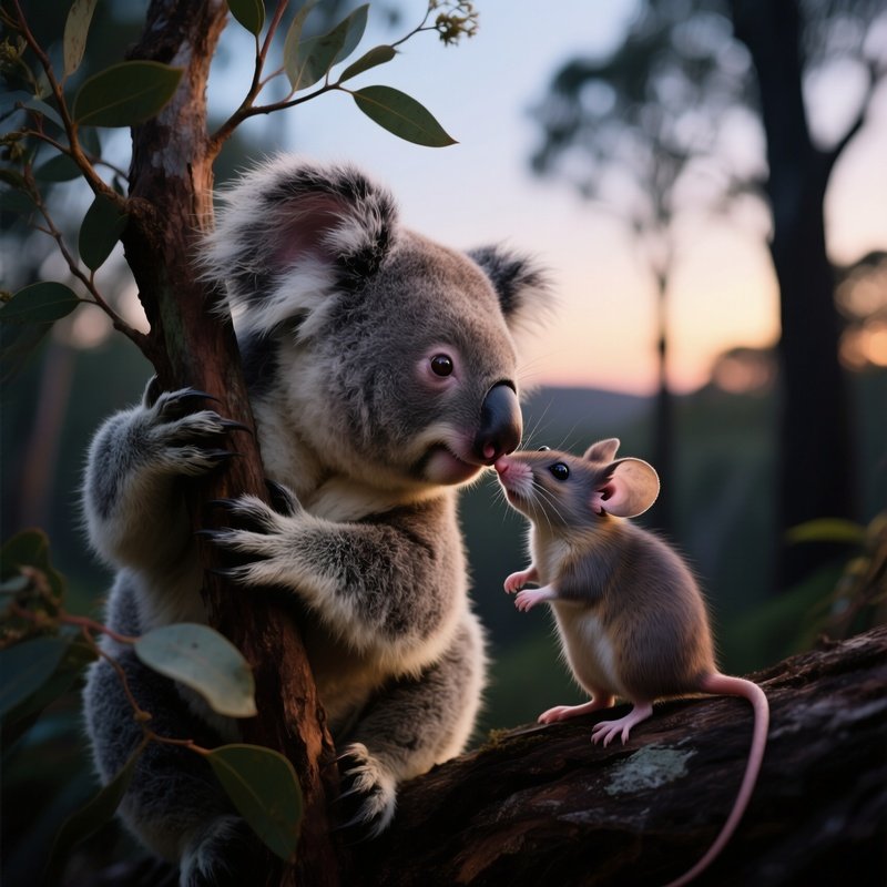 A Shy Koala Clings To Eucalyptus While A Small Marsupial Mouse Leans In For A Soft Kiss In The Cool
