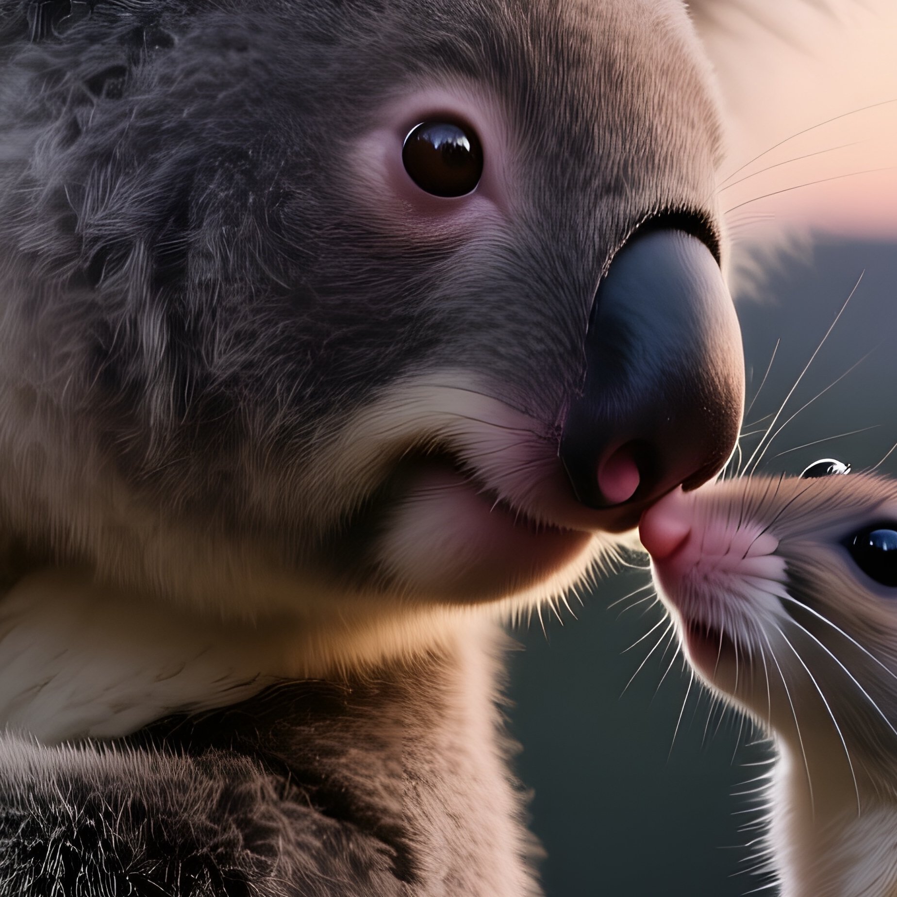 A Shy Koala Clings To Eucalyptus While A Small Marsupial Mouse Leans In For A Soft Kiss In The Cool - Full Resolution Quality Preview