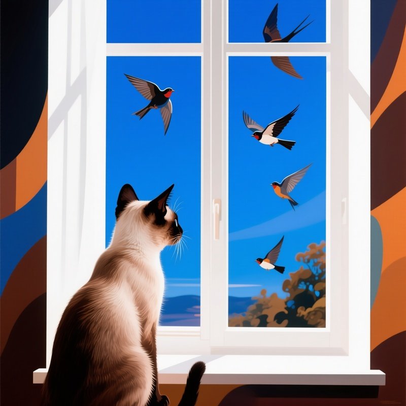 A Siamese Cat Chirping At Birds Through The Window Abstract