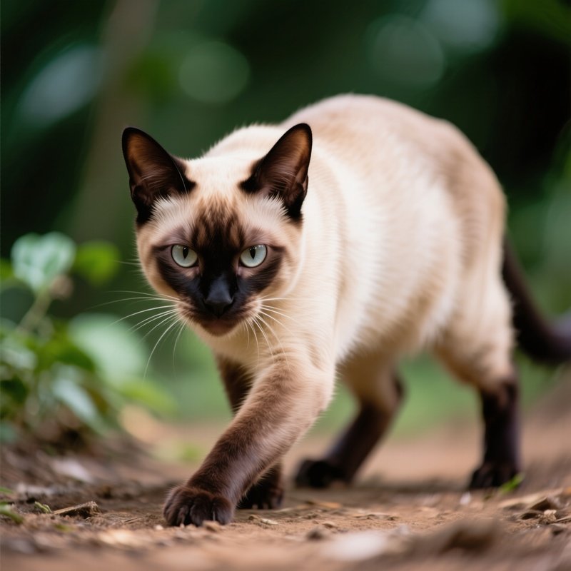 A Siamese Cat Crouched Low In Hunting Mode
