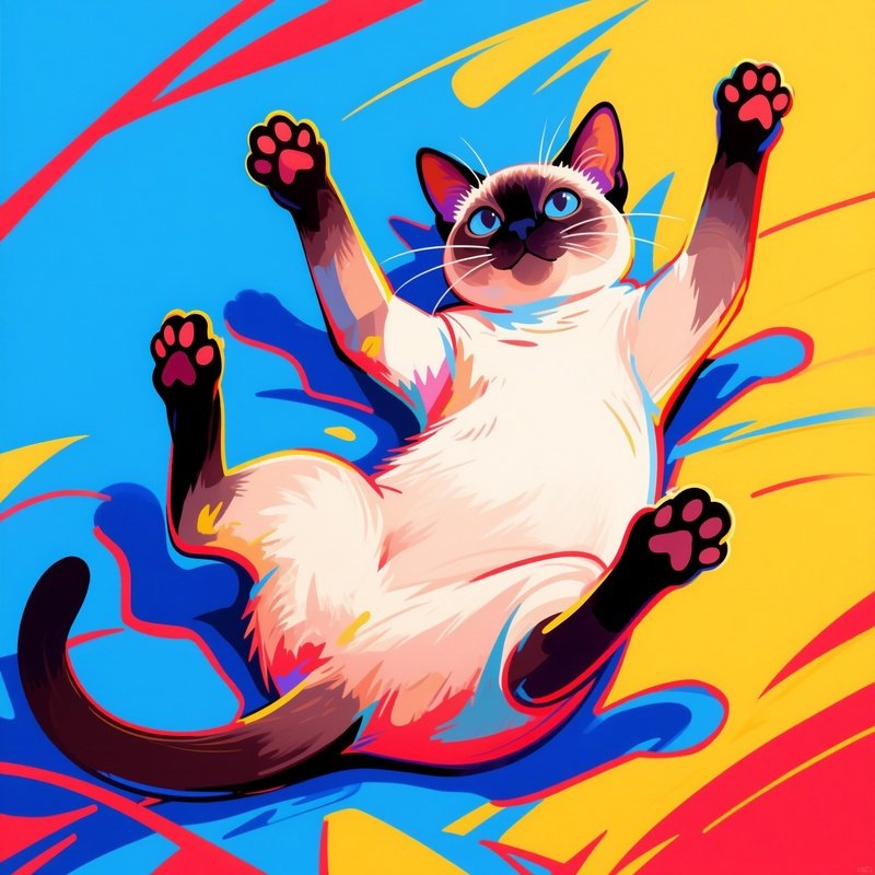 A Siamese Cat Laying Down With Paws Raised Art