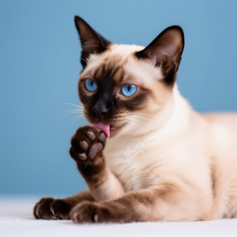 A Siamese Cat Licking Paw And Wiping Face