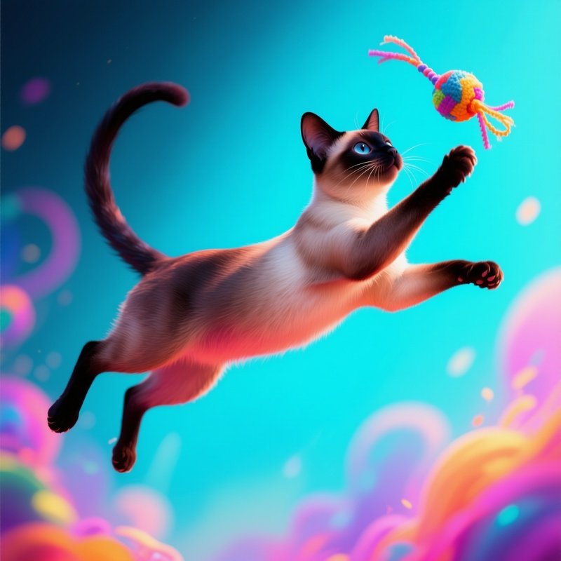 A Siamese Cat Playing With A Toy In The Air Digital Art