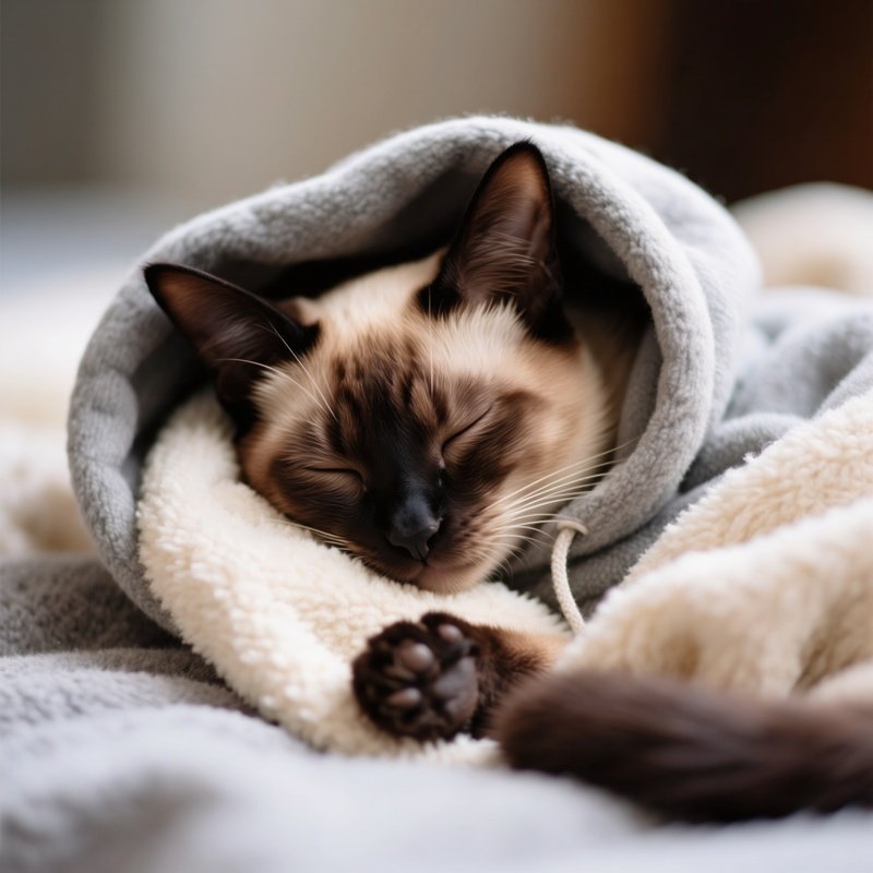 A Siamese Cat Wearing A Hoodie Or Blanket