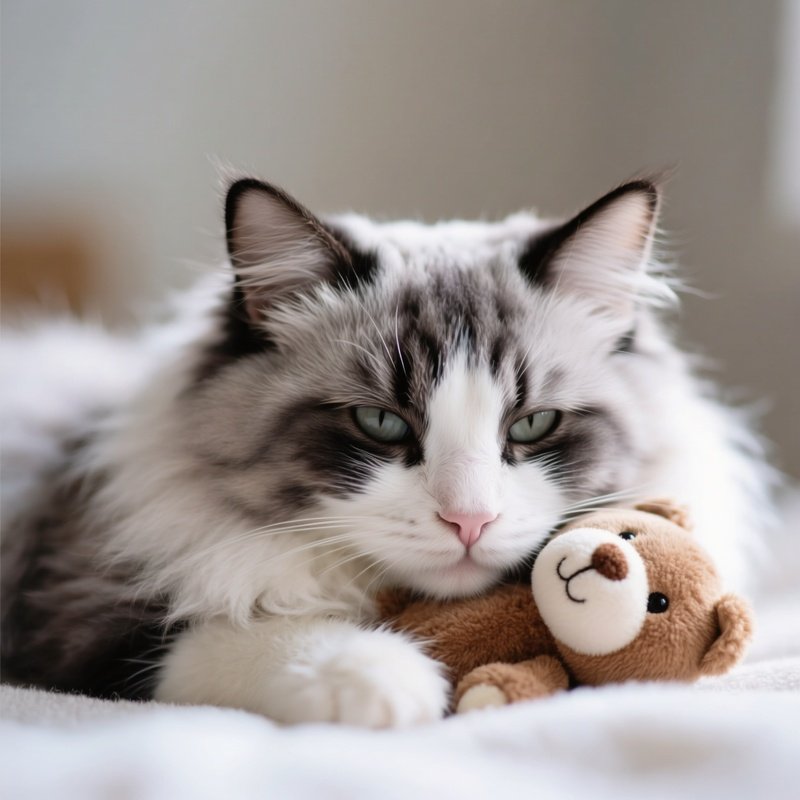 A Siberian Cat Head Resting On A Stuffed Animal
