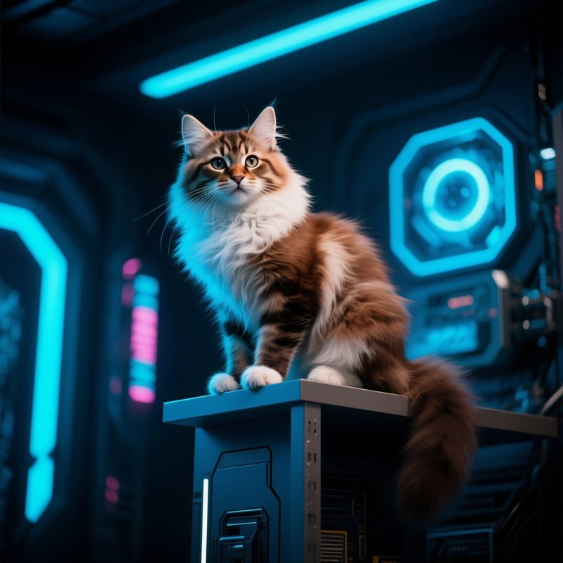 A Siberian Cat In Science Fiction Setting Perched On Top Of A High Shelf