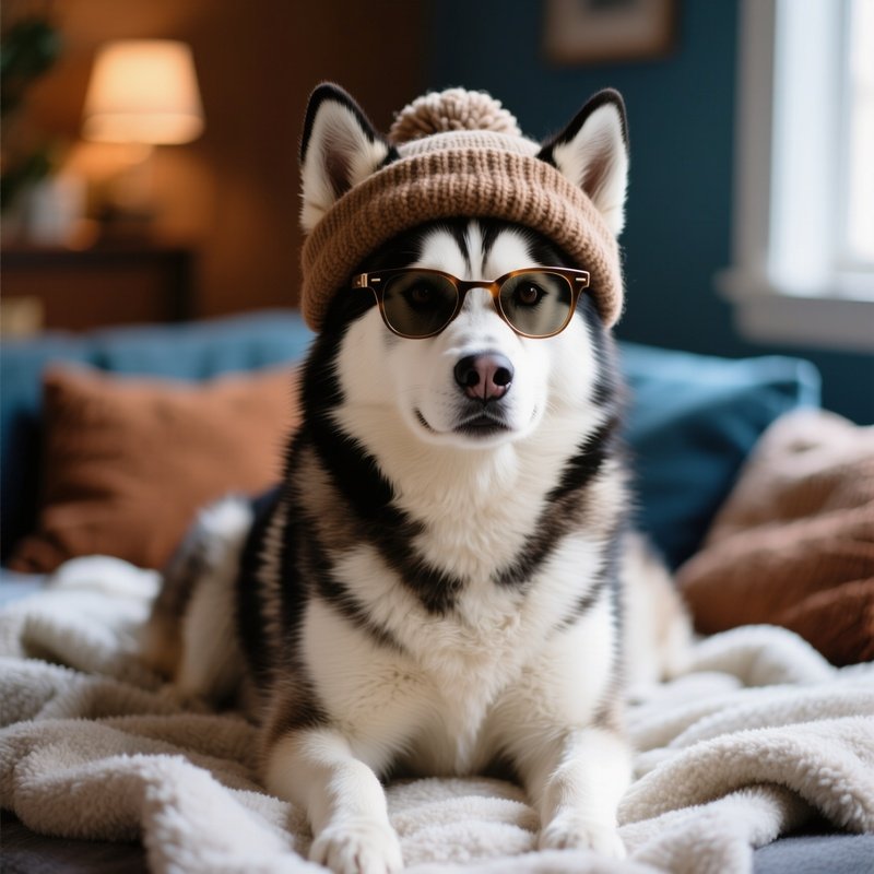 A Siberian Husky Wearing A Wool Hat And Glasses Indoors