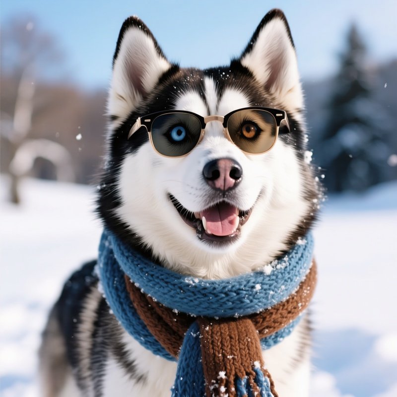 A Siberian Husky Wearing Glasses And Scarf Outdoors In The Snow