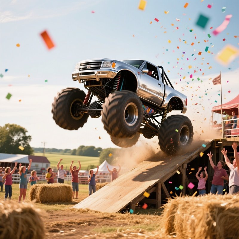 A Silver Monster Truck Launches Off A Wooden Ramp In A Rural County Fairground, Surrounded By Hay