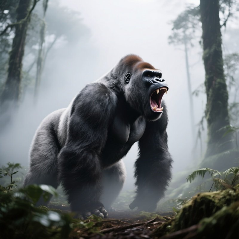 A Silverback Gorilla Roaring Into Forest Mist.