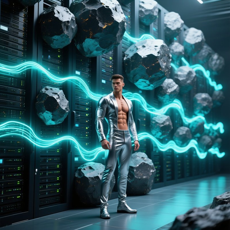 A Six‑Pack Male Model In A Form‑Fitting Silver Suit Stands Before A Massive Wall Of Servers Shaped
