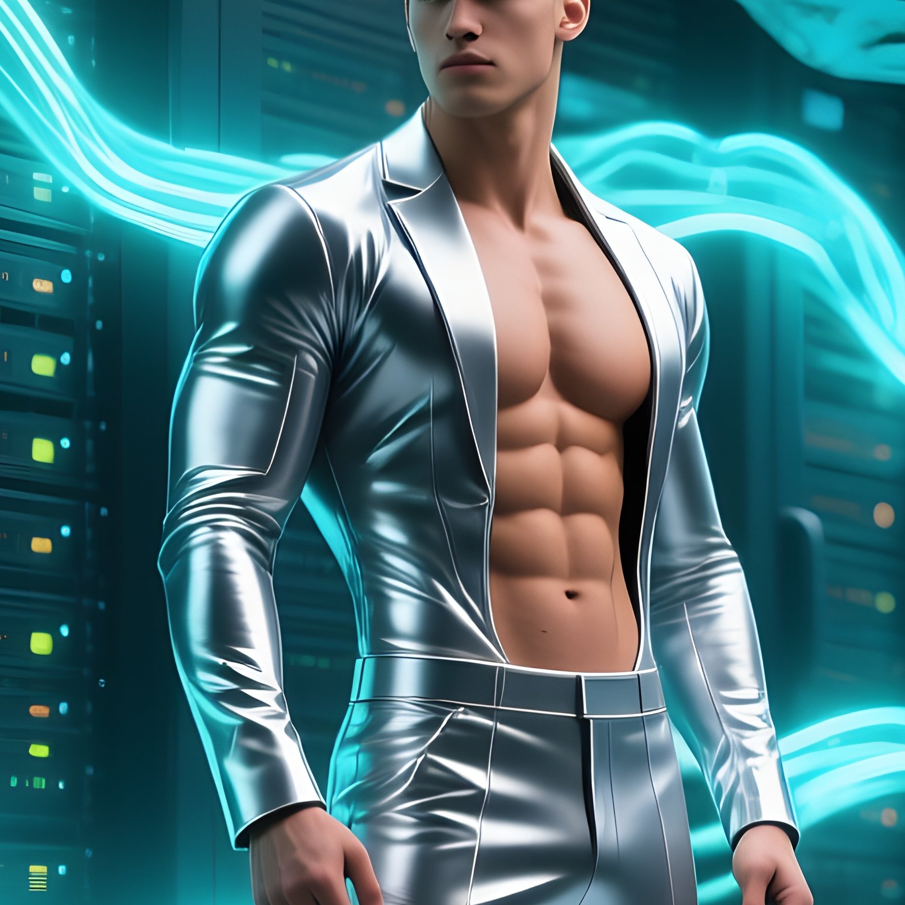 A Six‑Pack Male Model In A Form‑Fitting Silver Suit Stands Before A Massive Wall Of Servers Shaped - Full Resolution Quality Preview