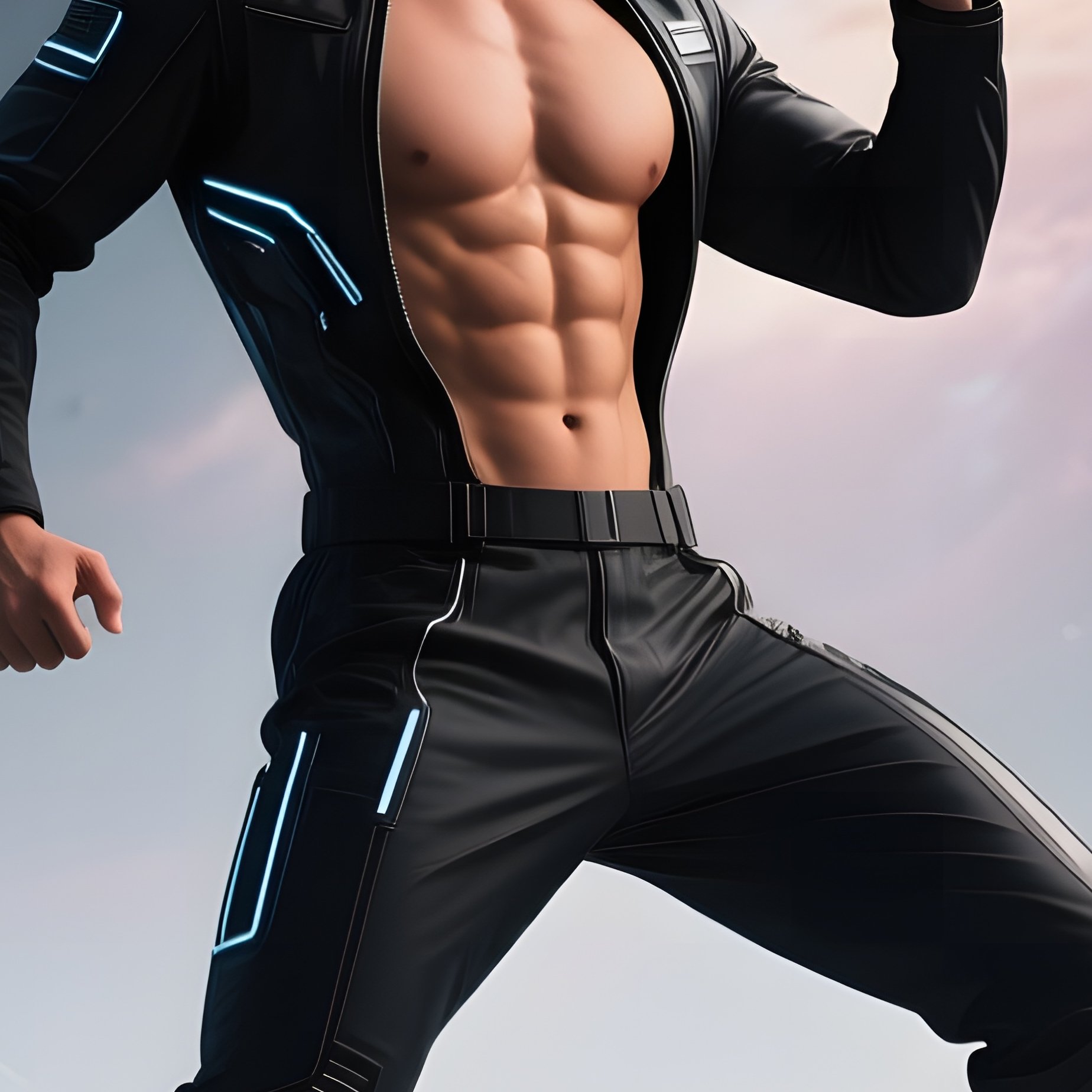 A Six‑Pack Male Model In A High‑Tech Jumpsuit Striking A Dynamic Pose On A Floating Platform - Full Resolution Quality Preview